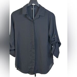 West End TX Black Button Down Blouse Size S Roll Tab Sleeve Lightweight